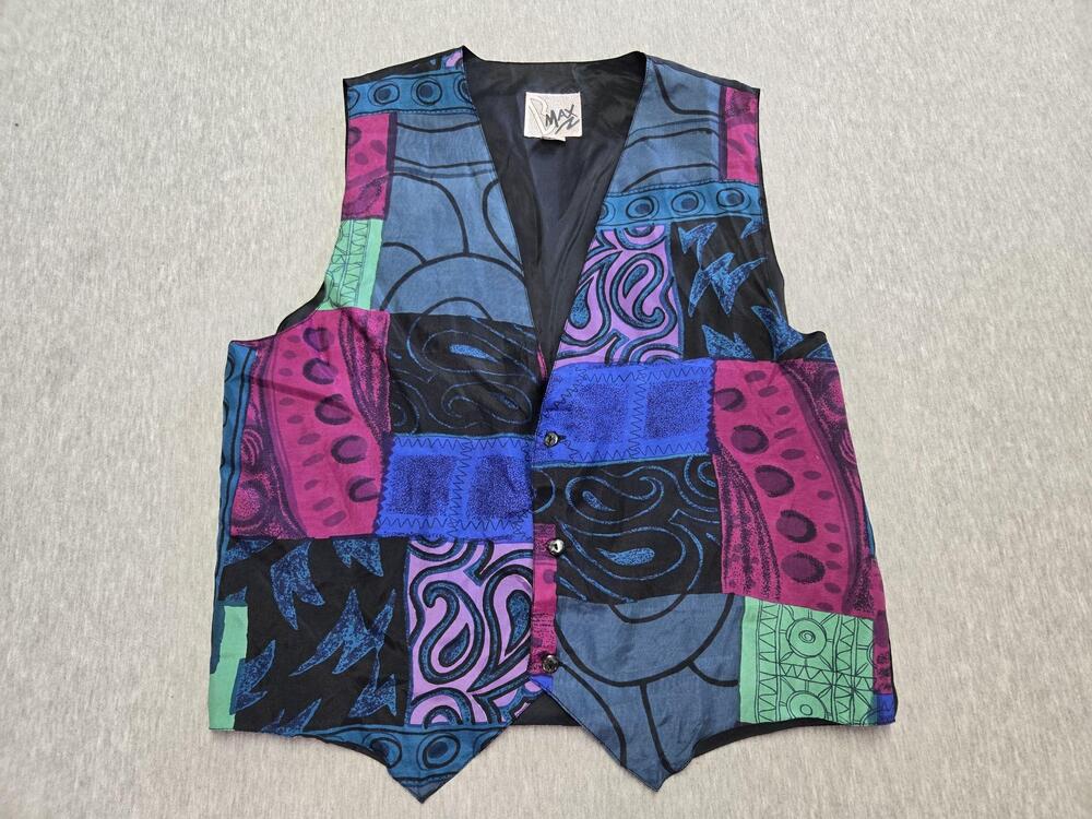 Vtg B Max Vest Mens Medium Multicolor Silk Geometric Art Print Retro 90s